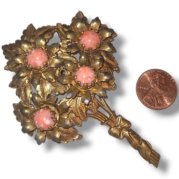 Vintage Gold Tone Floral Bouquet Brooch Pink Cabochon Rhinestone Pin Mid Century - Picture 4 of 4